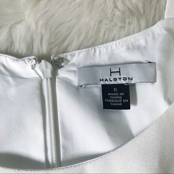 HALSTON White Black Sleeveless Fringe Cocktail Dress Tiered‎ Ruffle Size 6 New - Picture 4 of 15